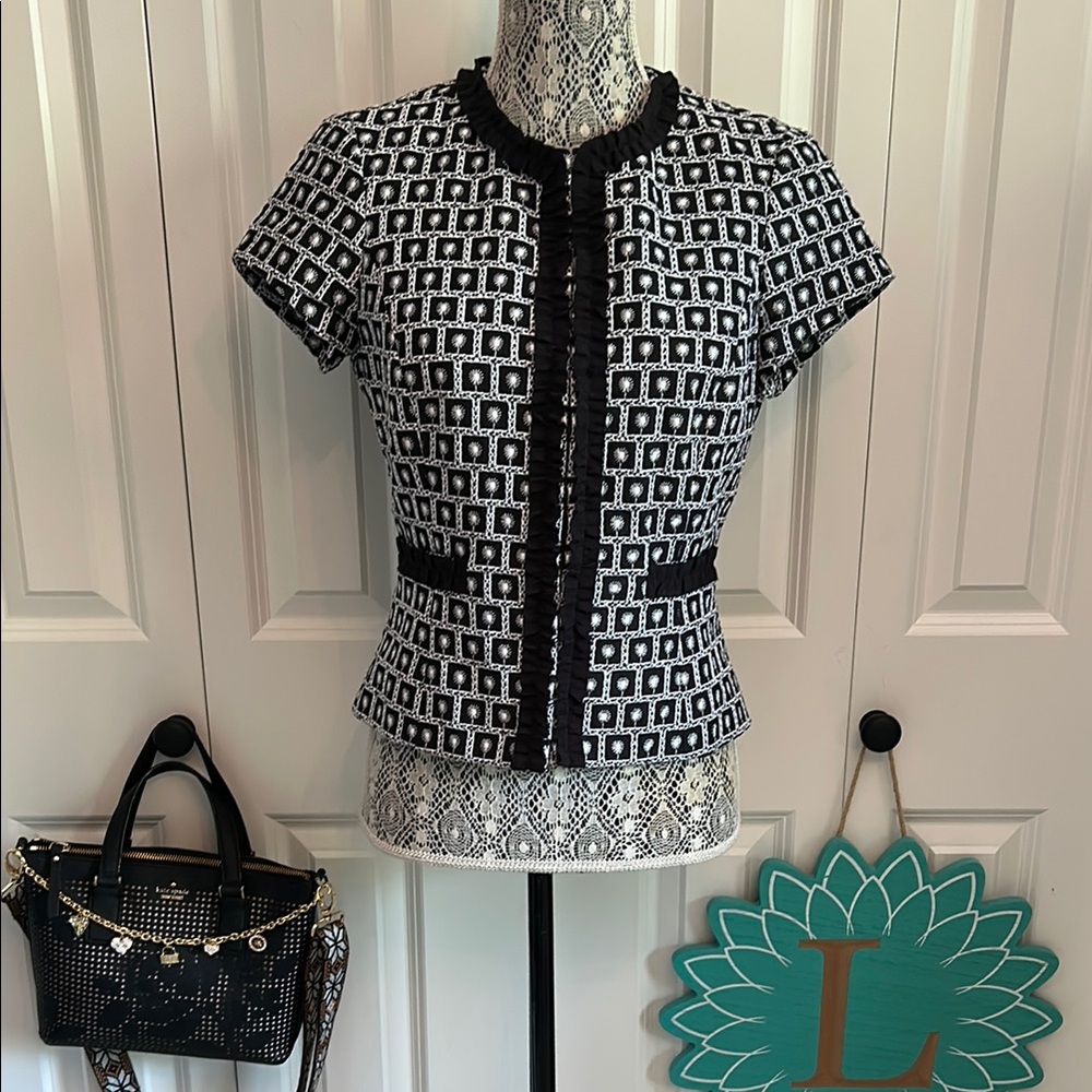 Etcetera Black and White Boxy Short Sleeve Blouse